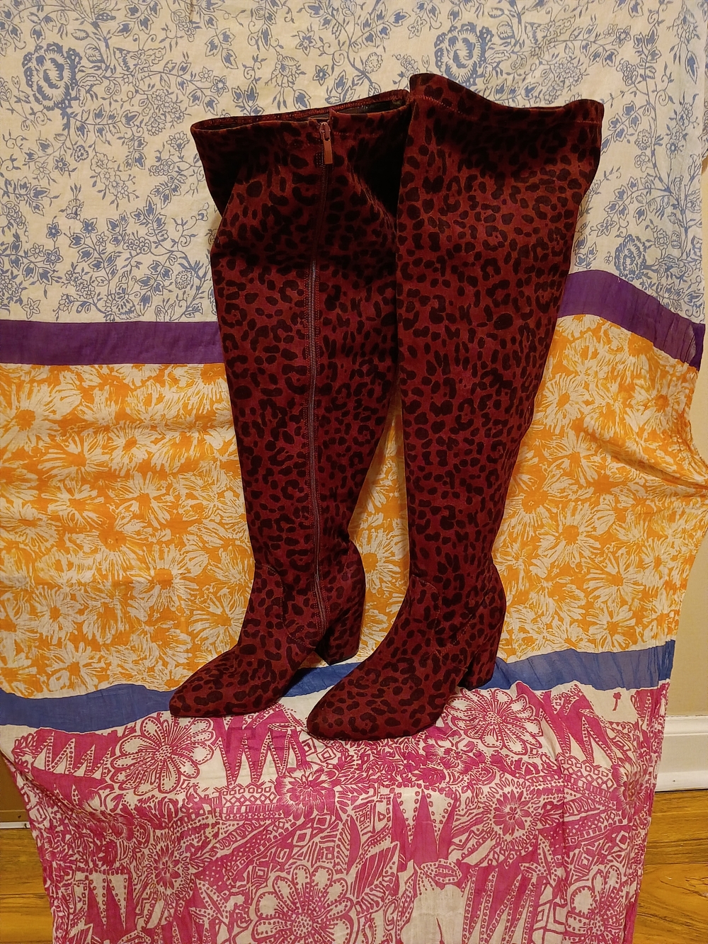 Torrid- Taylor Burgundy Leopard Faux Suede Stretch Over-The-Knee Boots 10 WW